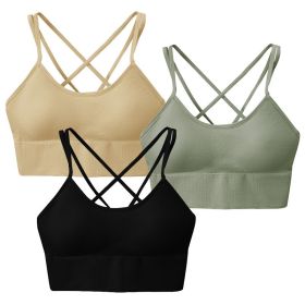 3Packs Women Cross Back Sport Bras Padded Strappy Medium Support Bras Sexy Fitness Tank Tops with Removable Pads for Gym Yoga Workout Running (Option: BK_BGE_L)