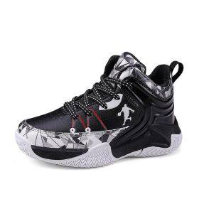 New leather children's basketball sneakers teenagers primary and secondary school students student trend sports casual shoes (Color: black and white, size: 39)