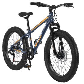 24 Inch Fat Tire Bike Adult/Youth Full Shimano 7 Speeds Mountain Bike, Dual Disc Brake, High-Carbon Steel Frame, Front Suspension, Mountain Trail (Color: Grey)